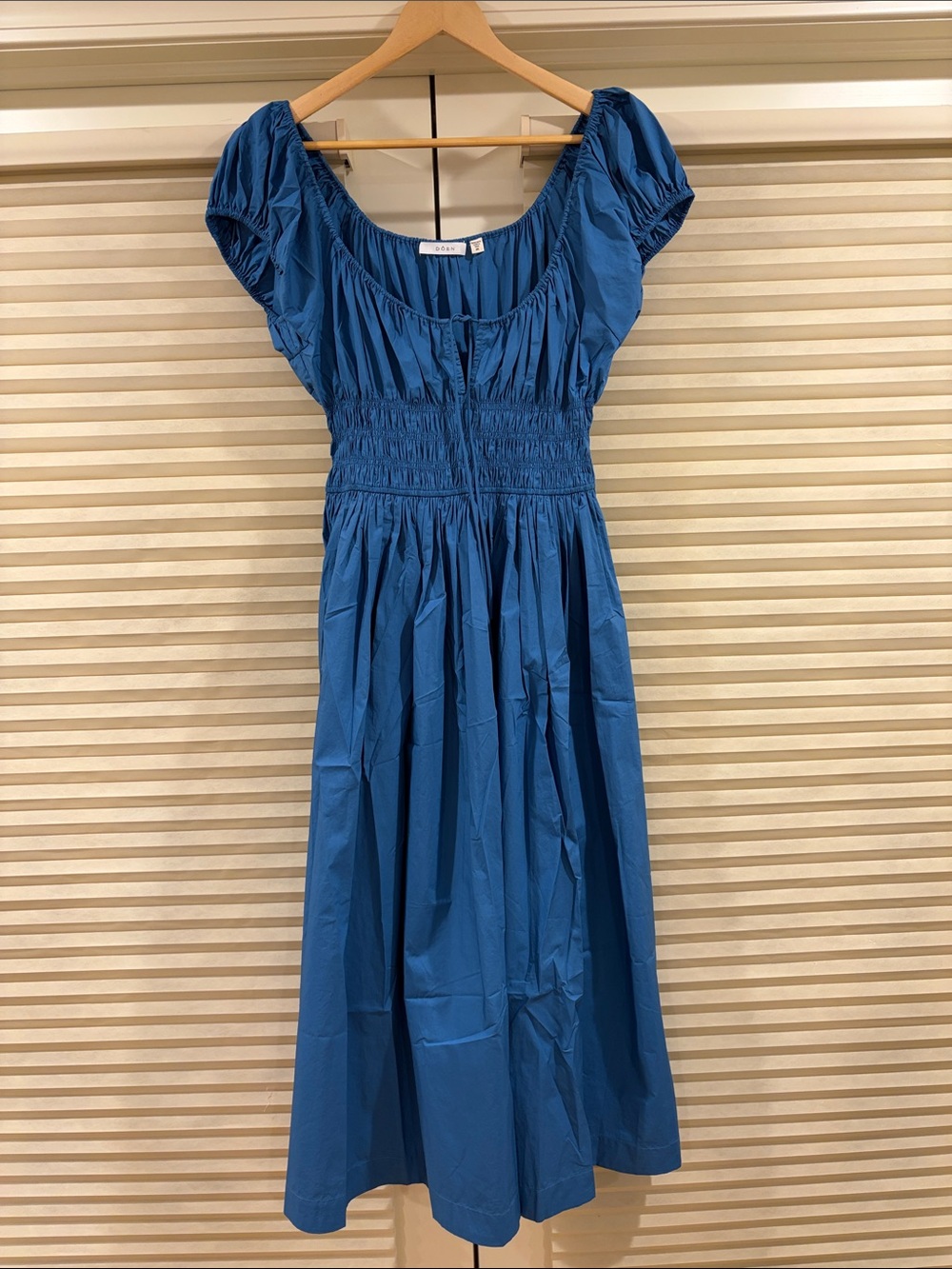 NWOT Doen Quinn Blue Smocked Waist Cotton Midi Dress, Size M